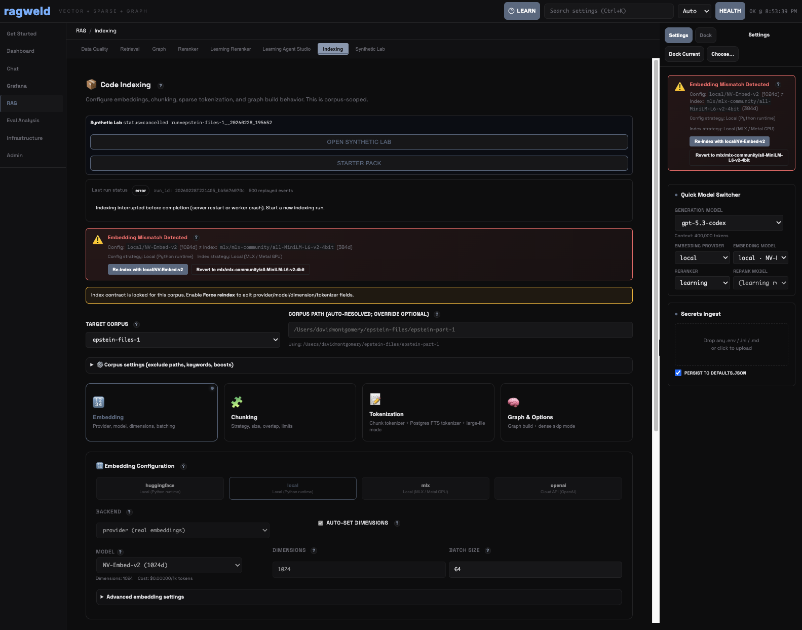 Indexing screen with embedding mismatch warnings, index contract lock notices, and model assignment controls.