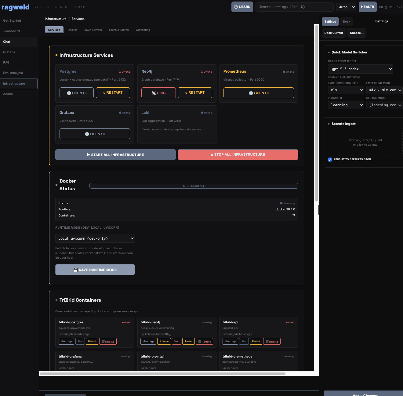 Infrastructure services panel with Postgres, Neo4j, Prometheus, and runtime controls.