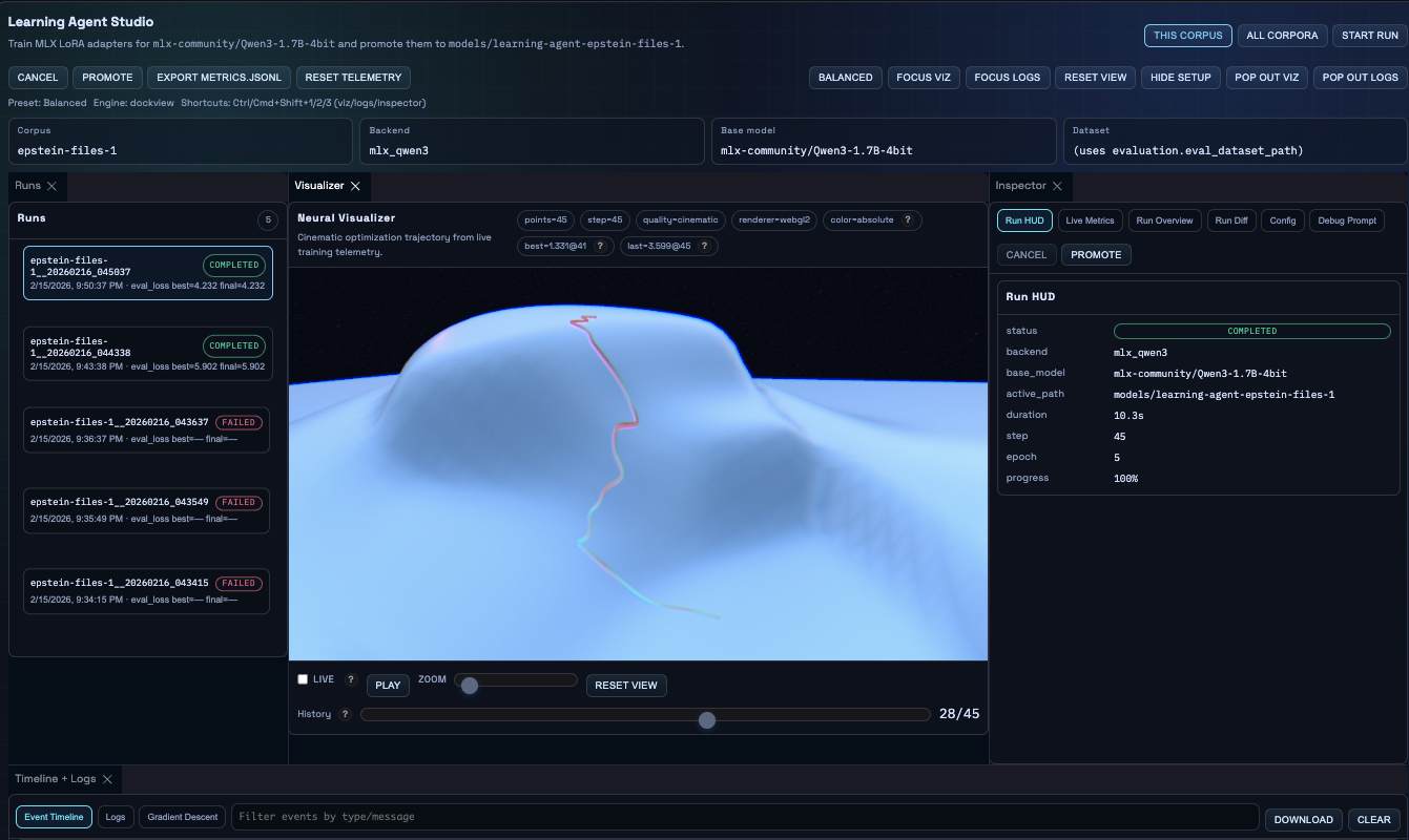 Learning Agent Studio with run HUD status panel, run timeline, and training controls.