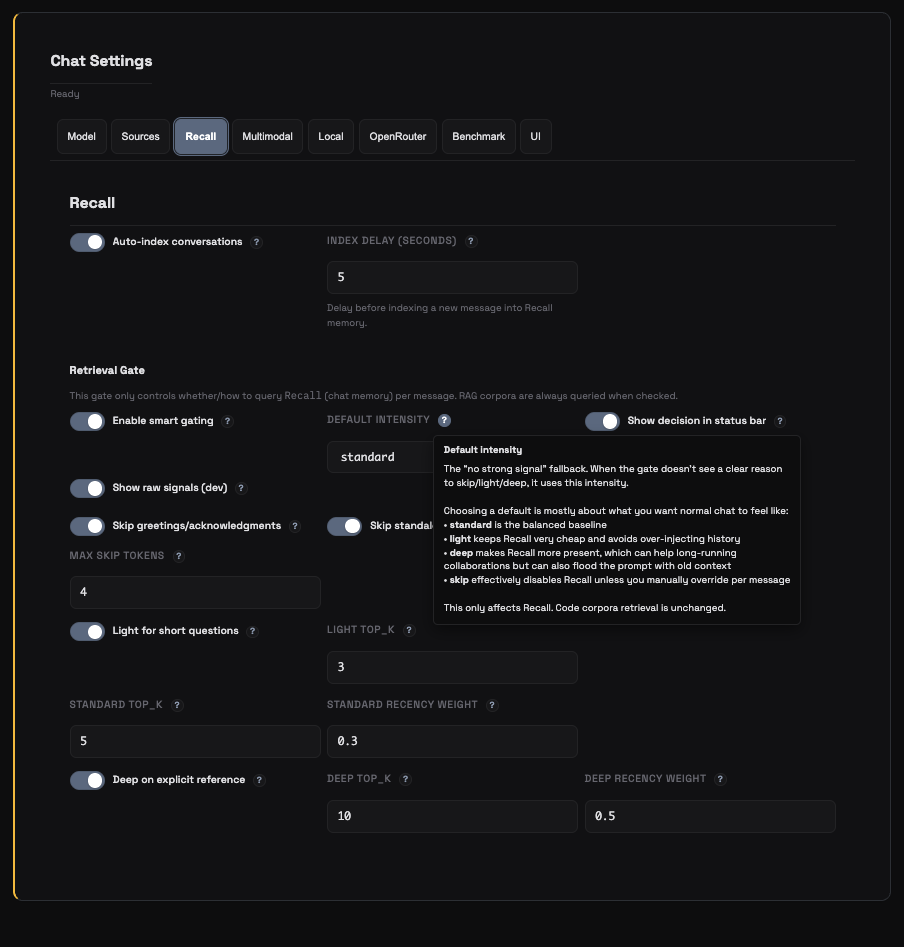 Chat recall settings with retrieval gate toggles, intensity controls, and recency weighting.