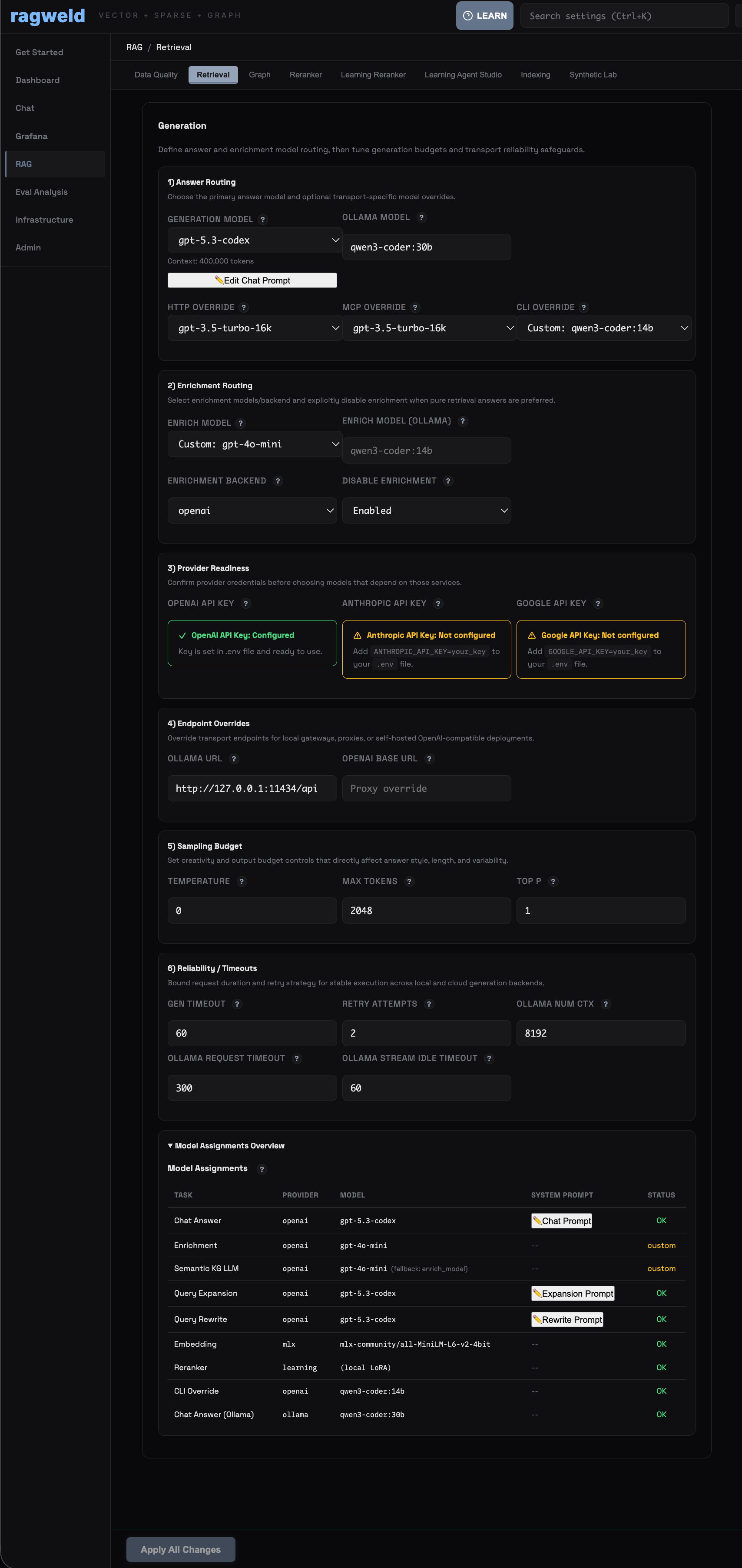 RAG retrieval generation panel showing HTTP and MCP model routing overrides.